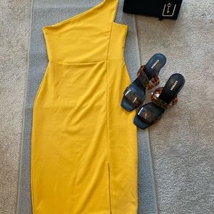 One shoulder mustard midi dress